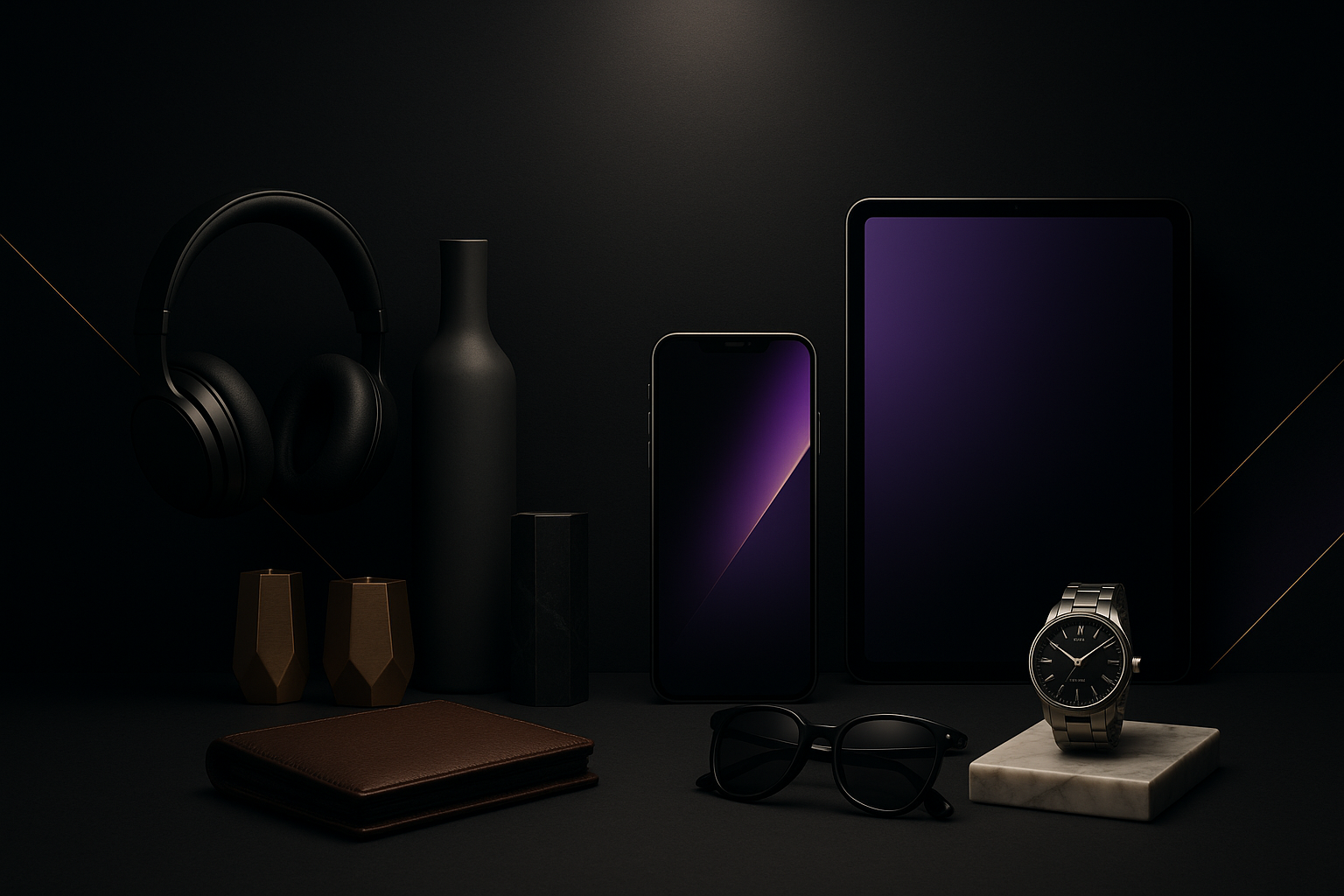 “Elegant premium-style banner with a dark gradient background and soft spotlight effect, showcasing luxury-inspired lifestyle products such as sleek gadgets, modern home decor, and stylish accessories. Minimalist layout with gold and purple accents for a high-end, sophisticated look.”